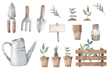 Garden tools clipart watercolor, gardening time set, plants in pots, seedling, farm equipments, spring garden hand drawn illustration