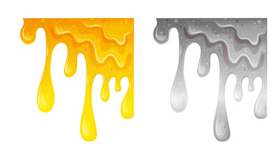 Shiny gold and silver slime. Flowing viscous liquid. Dripping honey. Vector cartoon illustration