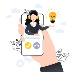 Customer support. Personal assistant service, person advisor and helpful advice services. Social media network services, online supporter agents. Isolated flat vector illustration icon