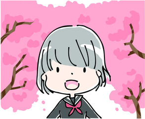 桜の木の下のセーラー服を着た笑顔の女子学生