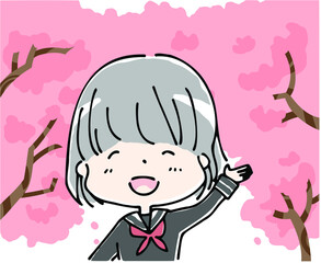 桜の下で笑顔で手をあげる女子学生