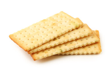 Salty crackers in square shape on white background