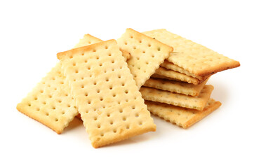 Salty crackers in square shape on white background