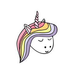 unicorn with rainbow mane hand drawn in doodle style. vector, line art, nordic, scandinavian. icon, sticker, print, poster, card. fairy tale, animal.
