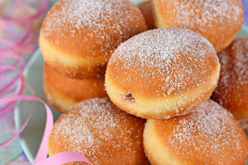 German traditional 'Berliner Pfannkuchen', a donut without hole filled with jam. Traditional served...