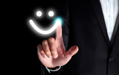 smile happy business man with suit in modern office for success, excellence score feedback from technology business concept with technology smile icon