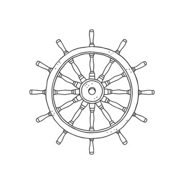 Steering wheel rudder. Vector black white doodle sketch outline retro isolated illustration.