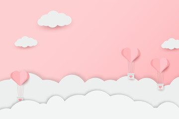 Folded heart balloon fly through pink sky and cloud with lovely gift for Valentine's Day.