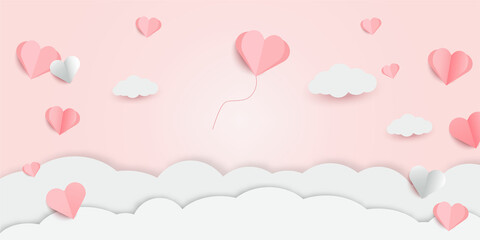 Folded heart balloon fly through pink sky and cloud with lovely gift for Valentine's Day.