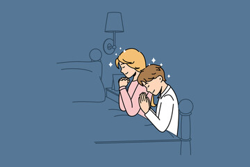 Religious education and pray concept. Two children kids brother and sister with eyes closed standing at bed and praying before going to sleep vector illustration  - obrazy, fototapety, plakaty