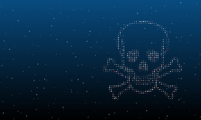On the right is the skull symbol filled with white dots. Background pattern from dots and circles of different shades. Vector illustration on blue background with stars
