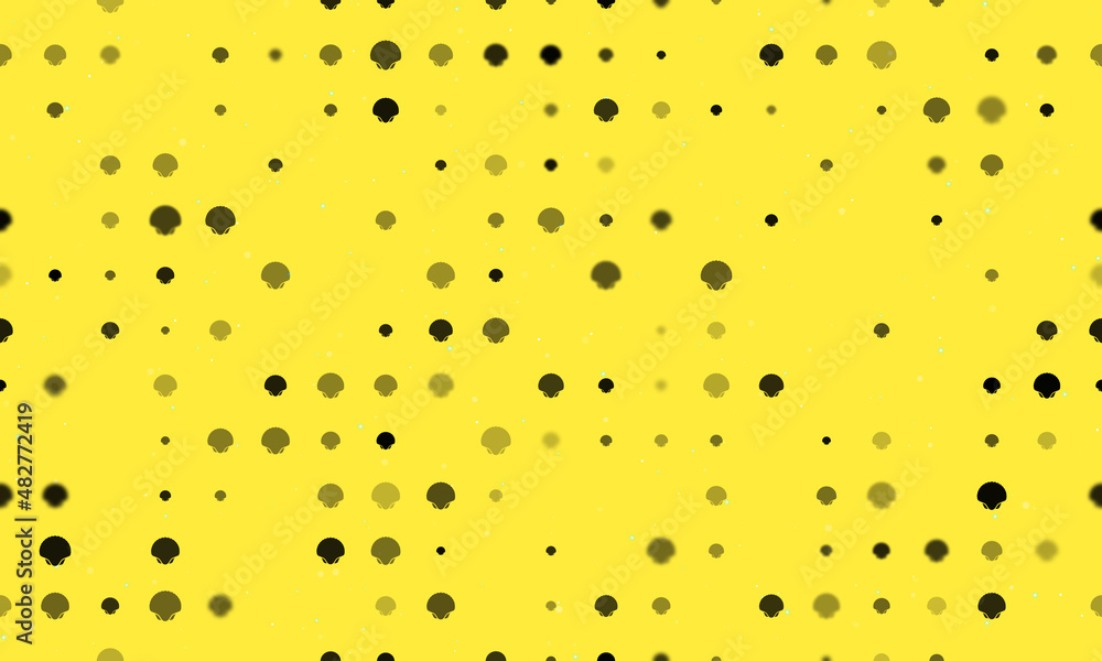 Poster seamless background pattern of evenly spaced black sea shell symbols of different sizes and opacity.
