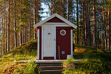 Lycksele, Norrland Sweden - June 4, 2021: a newly built small sauna near the lake