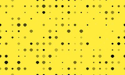 Seamless background pattern of evenly spaced black sea shell symbols of different sizes and opacity. Vector illustration on yellow background with stars