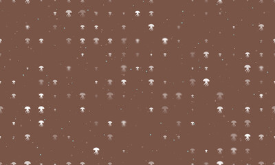 Seamless background pattern of evenly spaced white jellyfish symbols of different sizes and opacity. Vector illustration on brown background with stars