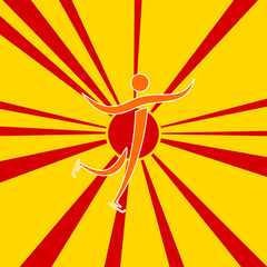 Figure skating symbol on a background of red flash explosion radial lines. A large orange symbol is located in the center of the sunrise. Vector illustration on yellow background