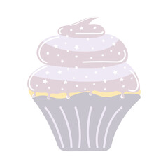 Hand drawn cupcake with cream and stars in flat style. Clip-art isolated on white background.