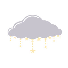 Hand drawn dark blue cloud with stars in flat style. Clip-art isolated on white background.