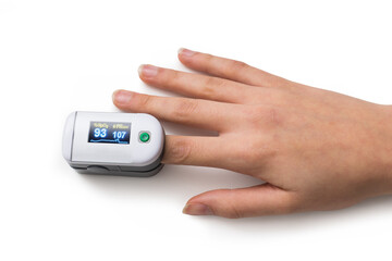 female hand with oximeter isolated white background