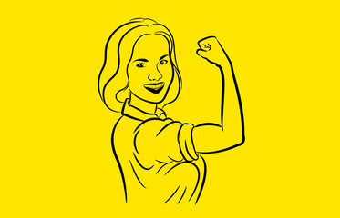  line drawing of strong woman showing strong arm on yellow background.vector illustration woman day.
