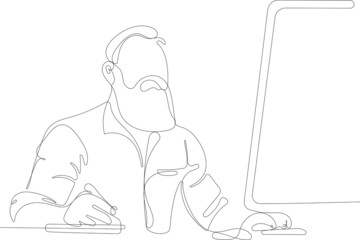 One continuous line is the concept. Vector illustration. Continuous line drawing of young bearded man working at desk in front of monitor during office work