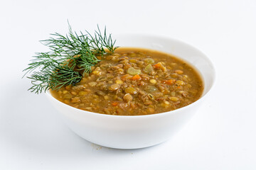 green lentil soup on the white background