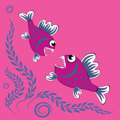 predatory evil piranha fish. Fabulous underwater world. Styling, cartoon style