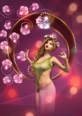 3D Blond nymph girl and purple flowers