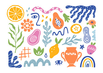 Organic blobs, tropic fruits, leaves, human face and coral in matisse style. Set of trendy doodle abstract elements. Bundle with natural shapes, random freehand matisse collection. Vector illustration
