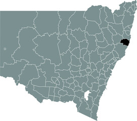 Black flat blank highlighted location map of the PORT MACQUARIE-HASTINGS COUNCIL AREA inside gray administrative map of districts of Australian state of New South Wales, Australia