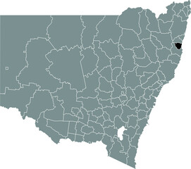 Black flat blank highlighted location map of the NAMBUCCA VALLEY COUNCIL LOCAL GOVERNMENT AREA inside gray administrative map of districts of Australian state of New South Wales, Australia