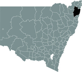 Black flat blank highlighted location map of the CLARENCE VALLEY COUNCIL LOCAL GOVERNMENT AREA inside gray administrative map of districts of Australian state of New South Wales, Australia