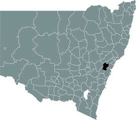 Fototapeta premium Black flat blank highlighted location map of the HAWKESBURY LOCAL GOVERNMENT AREA inside gray administrative map of districts of Australian state of New South Wales, Australia