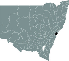 Black flat blank highlighted location map of the CENTRAL COAST COUNCIL LOCAL GOVERNMENT AREA inside gray administrative map of districts of Australian state of New South Wales, Australia