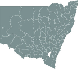 Black flat blank highlighted location map of the CITY OF NEWCASTLE AREA inside gray administrative map of districts of Australian state of New South Wales, Australia