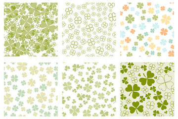 Set of Abstract seamless pattern with green shamrock shapes