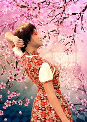 Fototapeta premium 3D Japanese girl in red and sakura branches