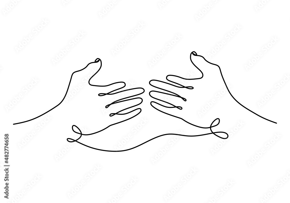 Poster continuous one single line of opened two hand isolated on white background.