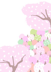 桜咲く山の風景　ほっこり、はんなりとしたやさしい色使いの背景イラスト