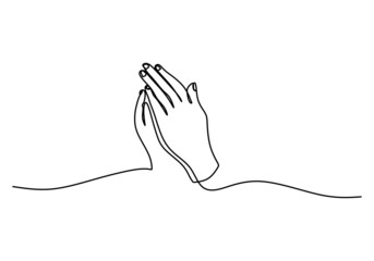Continuous one single line of hand praying symbol isolated on white background. - obrazy, fototapety, plakaty