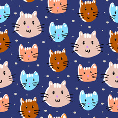 Seamless pattern with hand drawn of cute cat heads in childish style isolated on blue background.