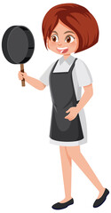 A woman holding a pan wearing apron cartoon character on white background