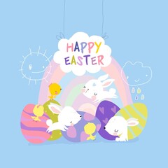 Cute Easter Bunnies and Easter Egg. Happy Holidays