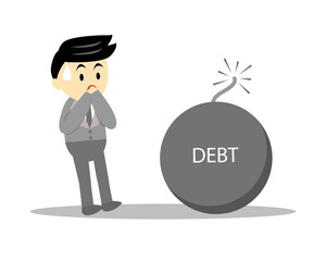 Businessman feeling afraid of debt bomb in front of him. Big debt concept