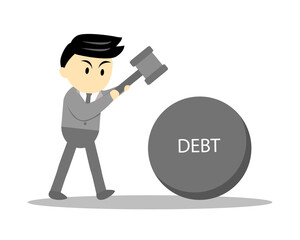 Businessman using a hammer smashing big debt stone cartoon vector