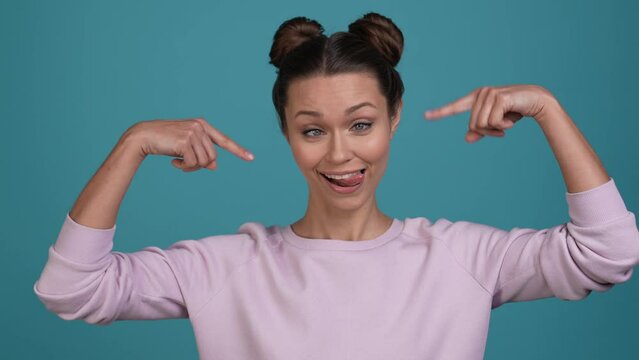 Grimace lady fish face blow cheeks laughter isolated bright color background