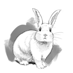 正面向きうさぎペン画-灰色背景