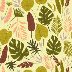 Seamless pattern with tropical spirit. Jungle leaves and palms. Vector illustration.