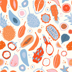 Seamless pattern with tropical spirit. Different exotic fruits in elegant simple style. Vector illustration.