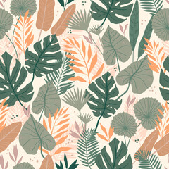 Fototapeta na wymiar Seamless pattern with tropical spirit. Jungle leaves and palms. Vector illustration.